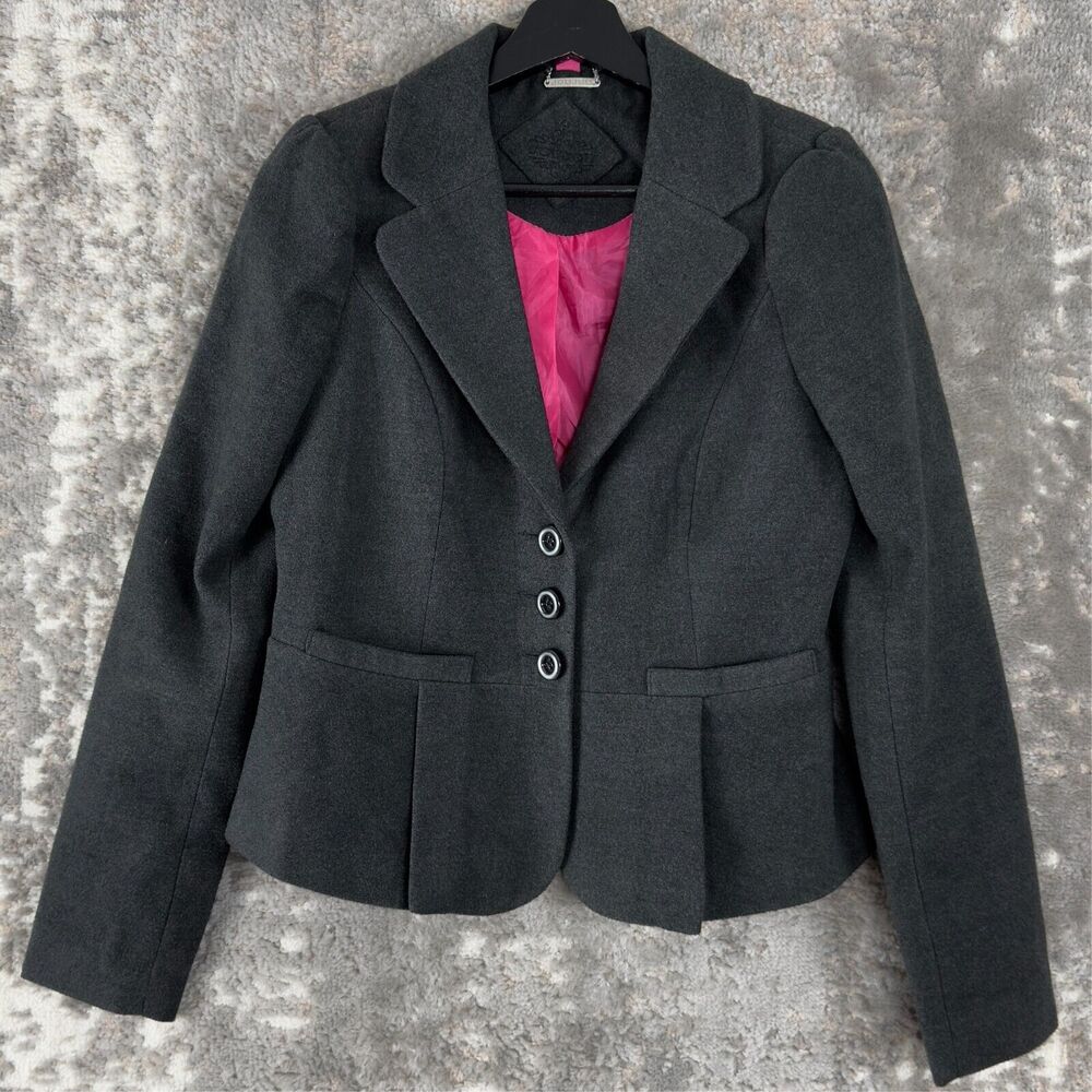 JouJou Womens Size M Wool Notched Blazer Jacket Gray Long Sleeve Pink Lined